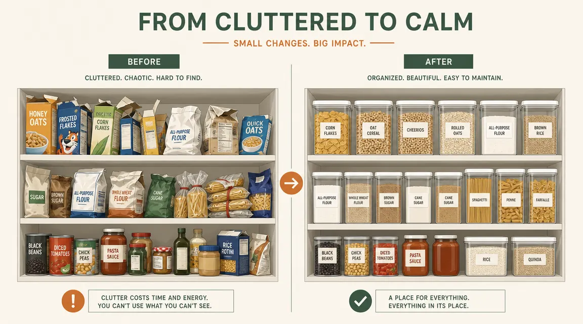 Before and after comparison of a pantry shelf showing crinkled bags and open boxes on the left versus neat clear containers on the right