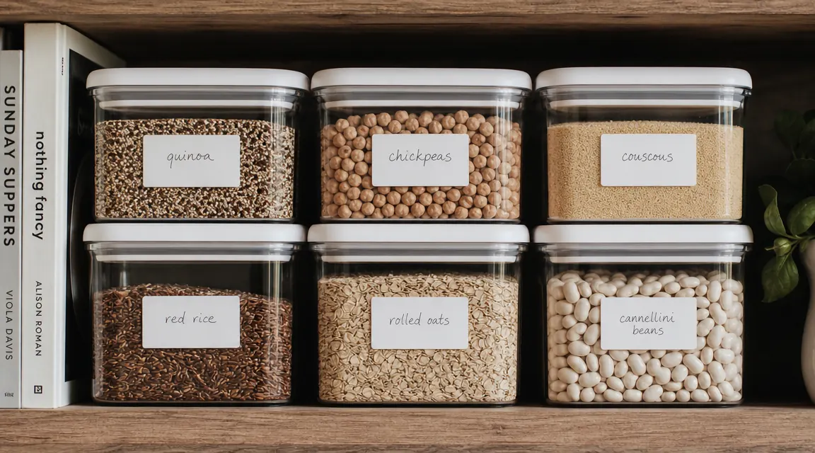 Clear pantry containers on a shelf with handwritten labels reading flour, sugar, oats, rice, and coffee