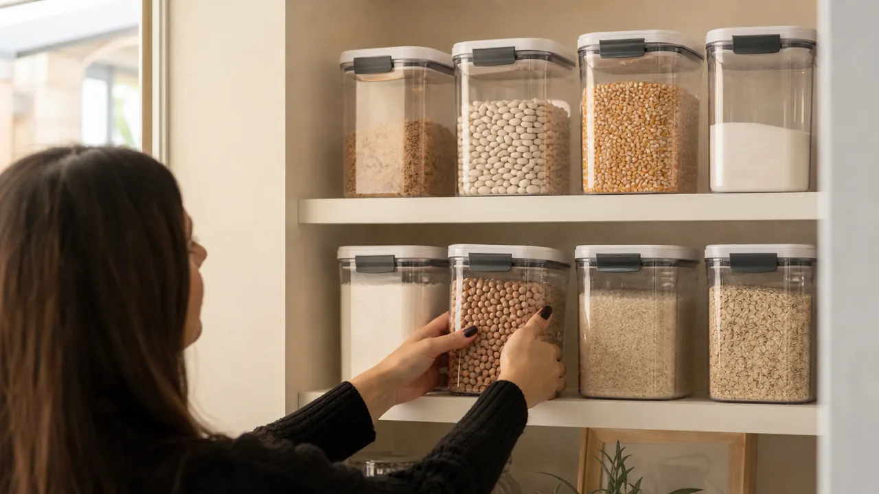 Organized pantry shelf with clear airtight food storage containers holding flour, rice, oats, and pasta in a small apartment kitchen