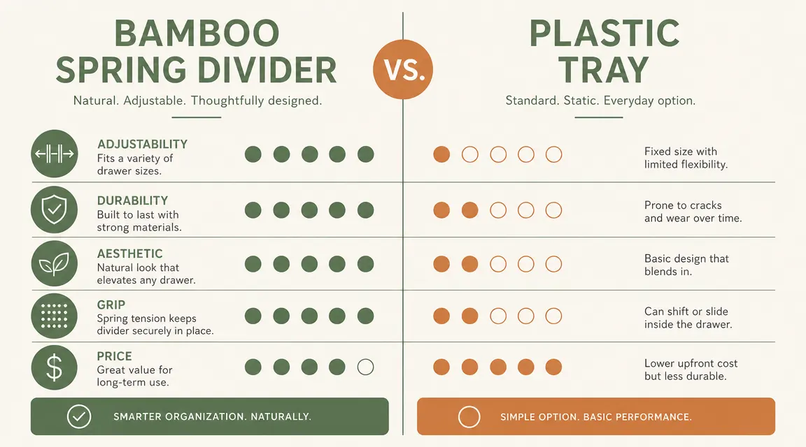 Side-by-side comparison showing a bamboo drawer divider on the left and a fixed plastic organizer tray on the right