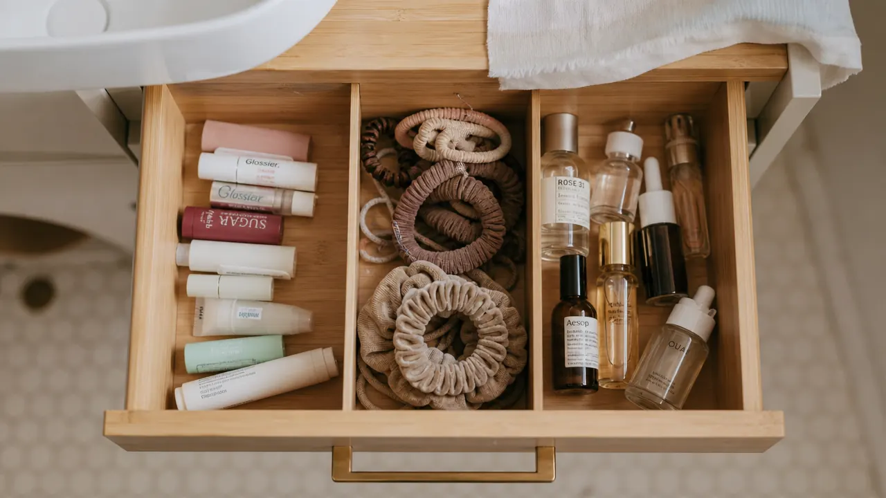 Bathroom vanity drawer organized into three sections with bamboo dividers holding small toiletry items