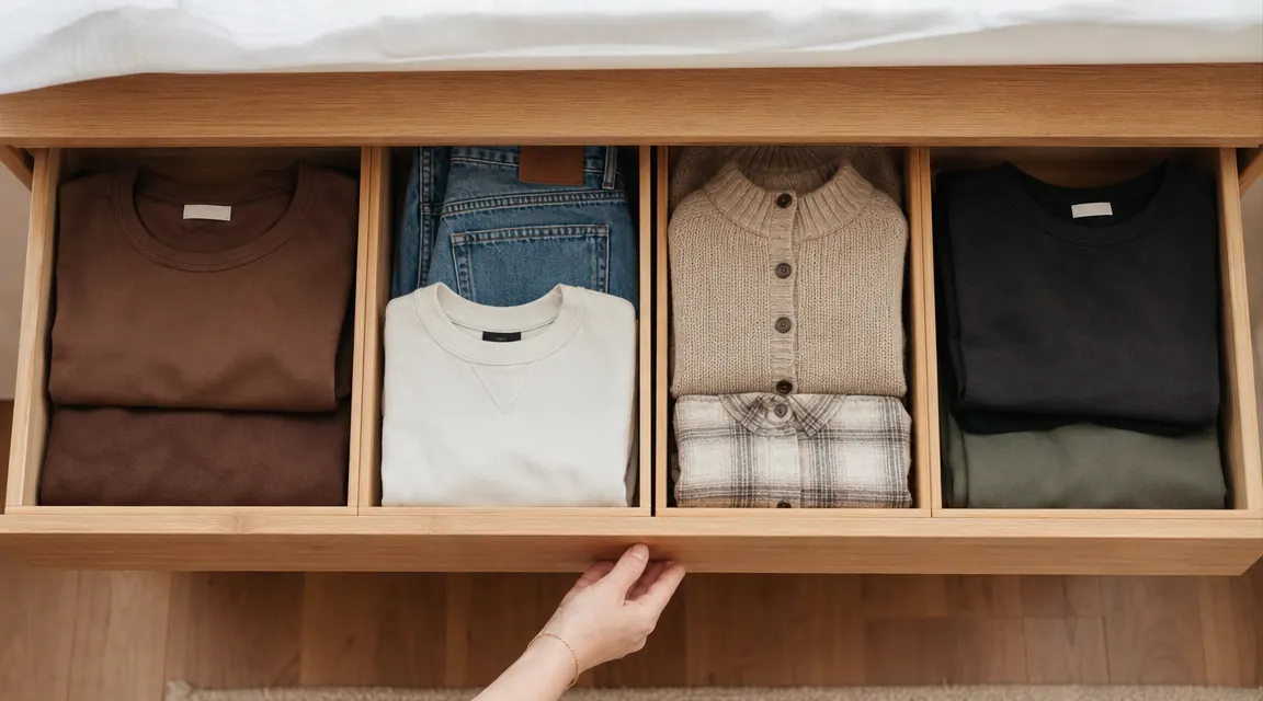 Open dresser drawer neatly divided by light bamboo sticks, clothing sections clearly separated on a warm linen background