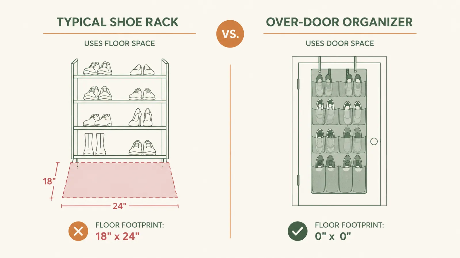 Side-by-side diagram showing floor rack taking 2 square feet of floor space versus over-door organizer using zero floor space