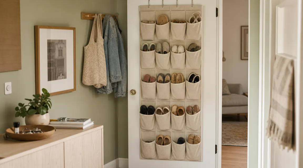 Neat entryway with an over-door shoe organizer holding 12 pairs of shoes on the back of a white interior door, no shoes on the floor
