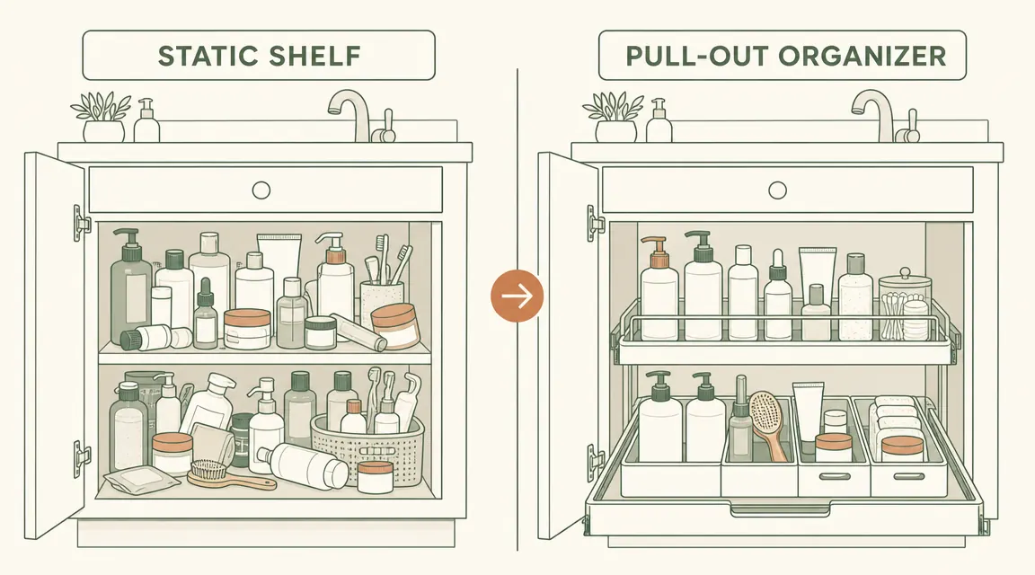 Side-by-side comparison showing a cluttered static shelf under a sink versus a tidy pull-out organizer