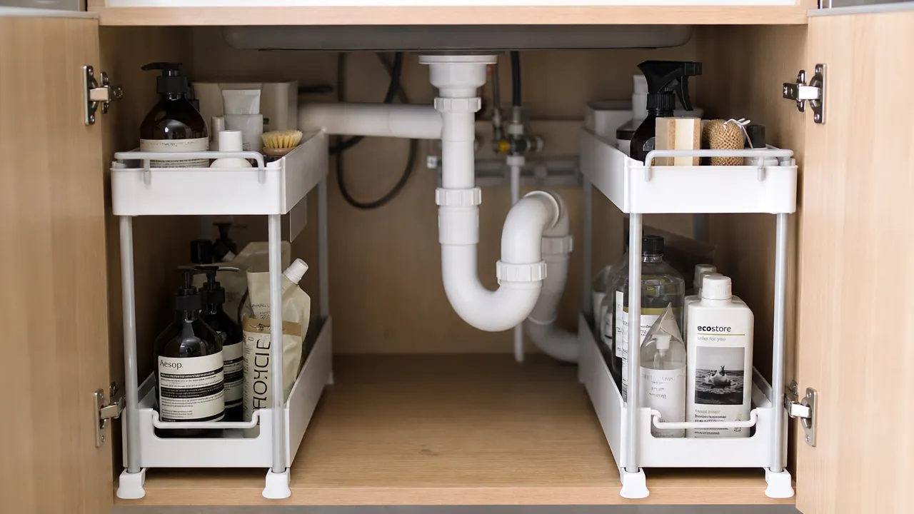 Bathroom vanity cabinet with P-trap pipe visible and a pull-out organizer fitting neatly around the plumbing