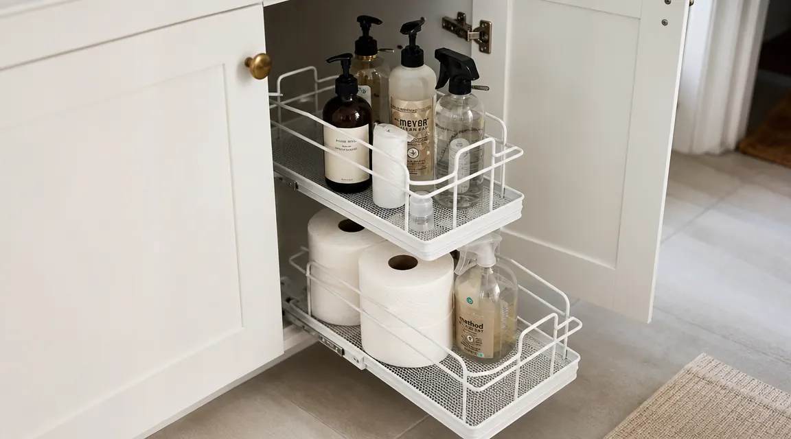 Open bathroom cabinet showing a clean two-tier pull-out organizer with neatly arranged cleaning bottles and toiletries