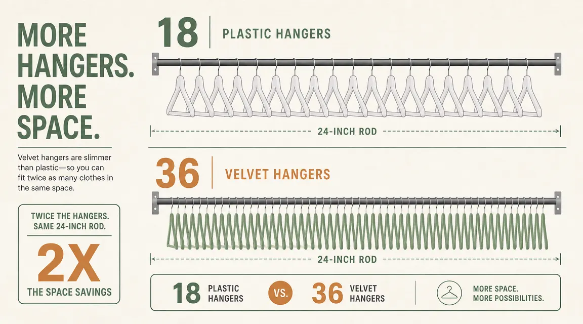 Measuring tape laid across a closet rod showing 18 bulky plastic hangers vs 36 slim velvet hangers occupying the same 24-inch span