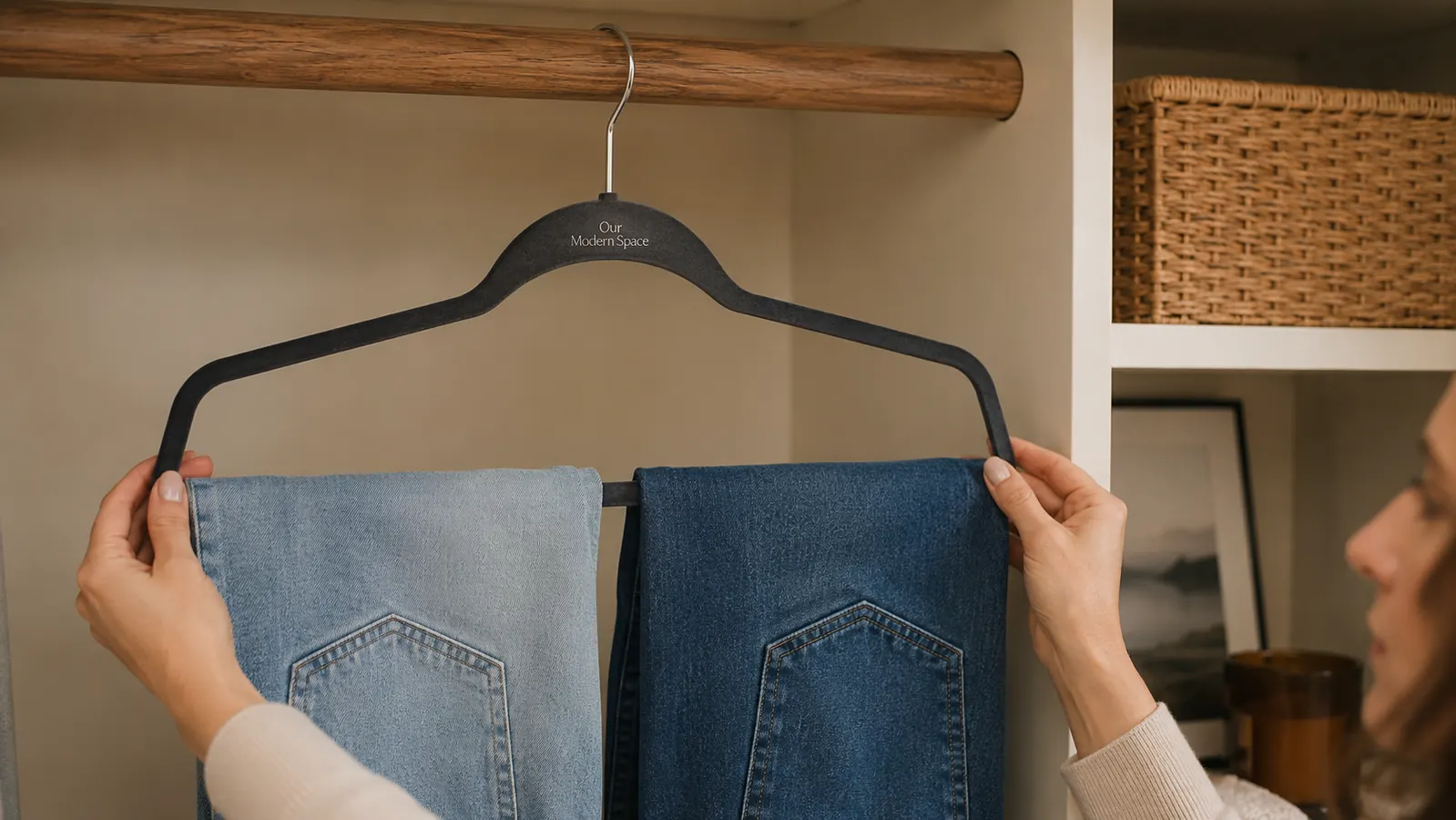 Neatly folded jeans hanging on the trouser bar of a velvet hanger inside a closet drawer section