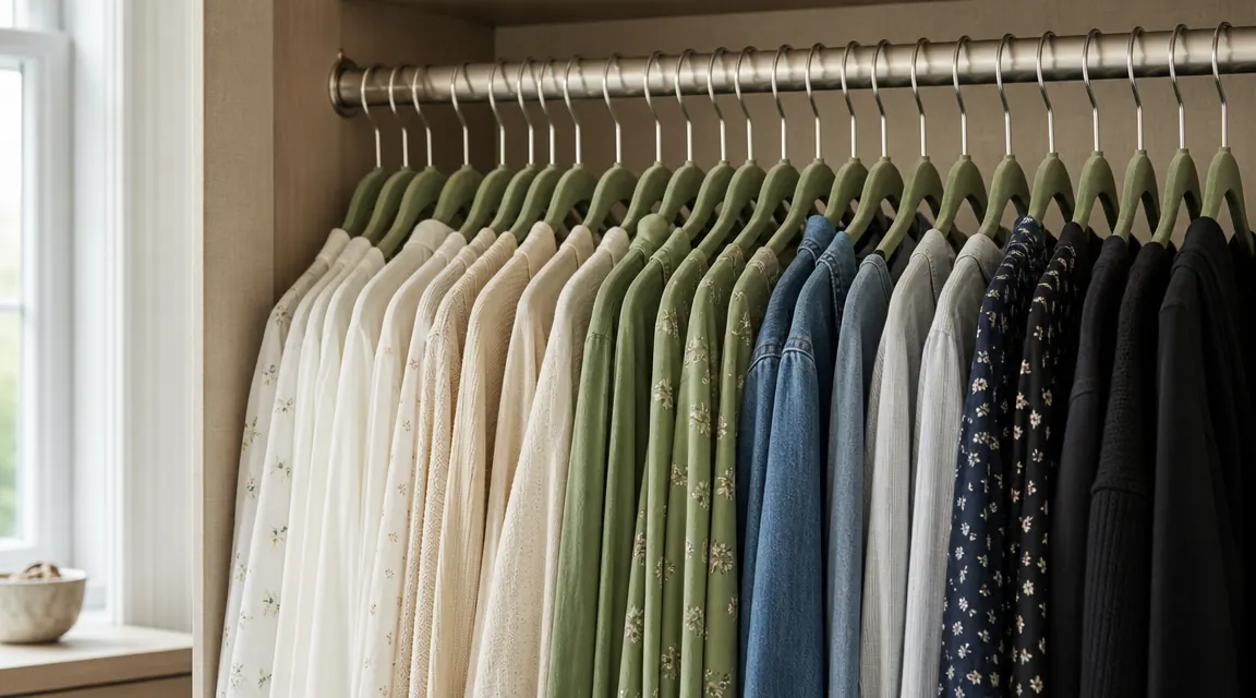 Organized closet rod with matching sage-green velvet hangers holding blouses and trousers in a small apartment closet