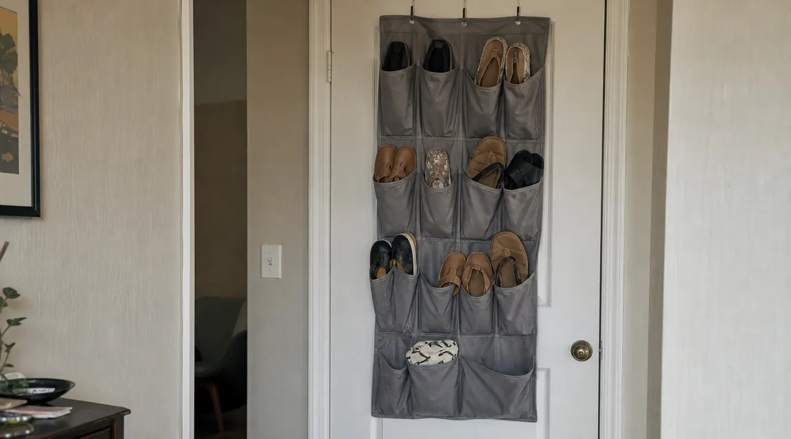 Amazon Basics grey mesh over-door shoe organizer hanging on a white apartment door, pockets filled with a mix of women's flats and men's sandals, realistic apartment entryway with coat rack visible