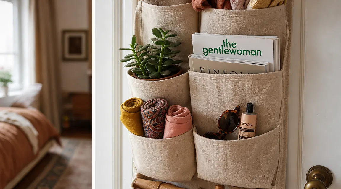 Shoe organizer pocket holding a small plant, rolled scarves, sunglasses, and a tube of hand cream instead of shoes