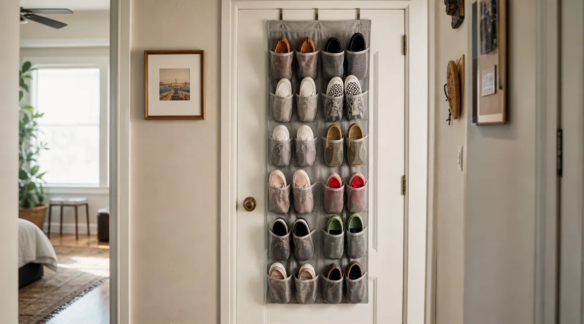 Over-door shoe organizer hanging on a white interior apartment door, 24 mesh pockets filled with flats, sneakers, and sandals, warm neutral hallway