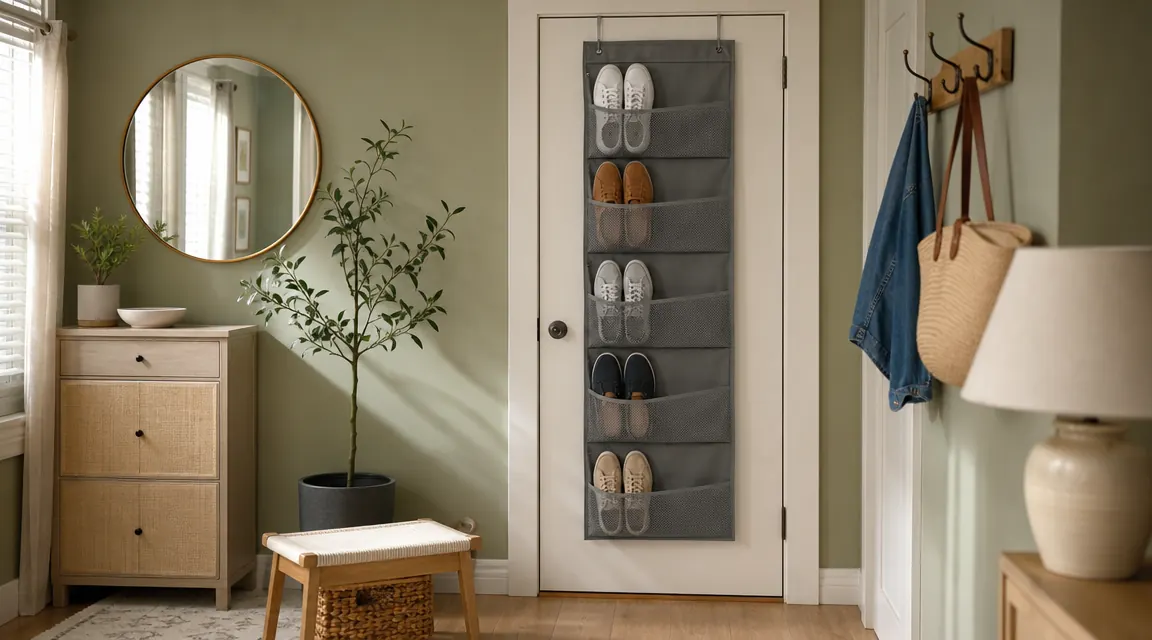 Small apartment entryway with an over-door shoe organizer holding sneakers and flats on the back of a white door