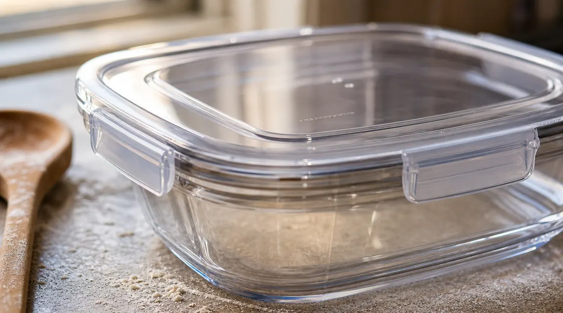 Close-up of a CHEFSTORY container lid showing the four side-locking plastic clips in the latched position on a kitchen counter