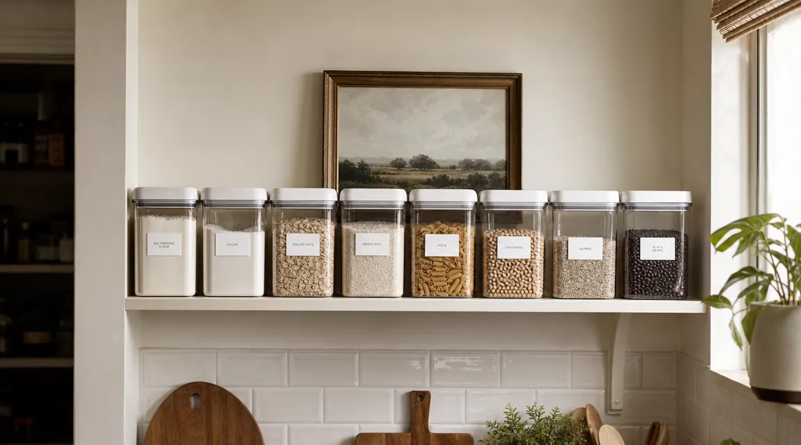 Organized pantry shelf with clear airtight containers holding flour, sugar, rice, and oats, warm kitchen light