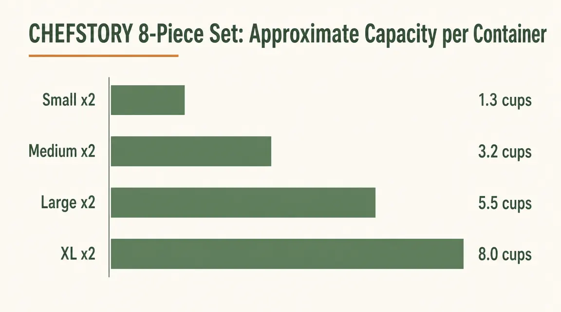 Chart showing the capacity in cups of each size in the CHEFSTORY 8-piece set from smallest to largest