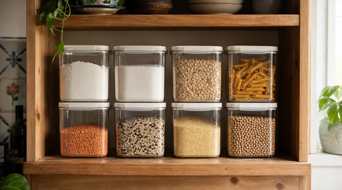 Eight CHEFSTORY clear airtight canisters arranged on a wooden pantry shelf holding flour, sugar, oats, pasta, and other dry goods in a warm kitchen