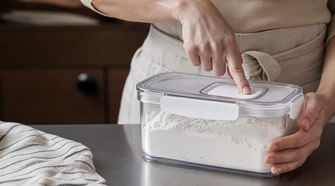 Hand pressing the lid button down on a clear airtight container filled with flour