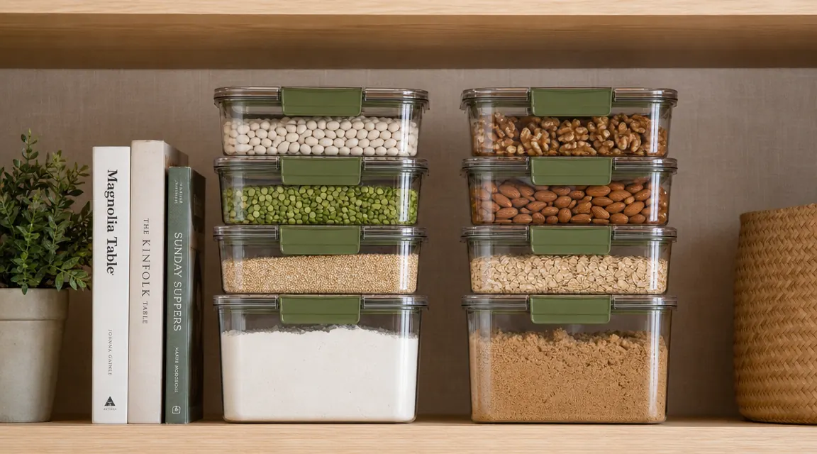 Two sets of pantry containers on a white shelf side by side, warm kitchen light