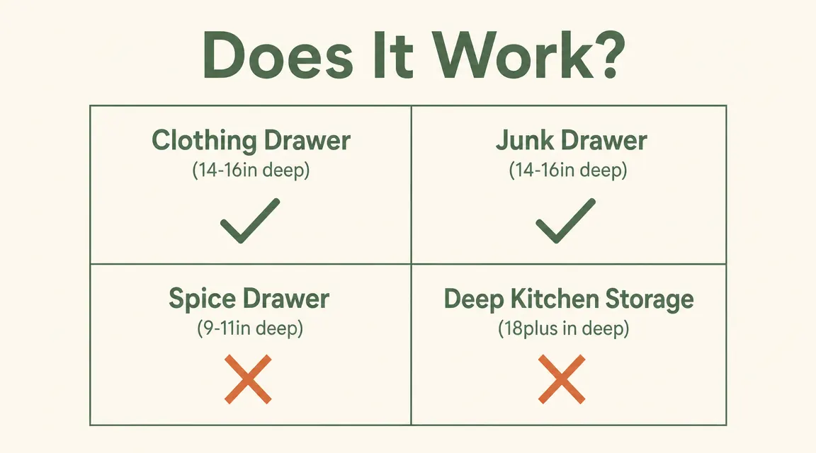 Four-column view showing which drawer types work and which fail with bamboo spring dividers, labeled clothing drawer, junk drawer, spice drawer, and deep kitchen drawer
