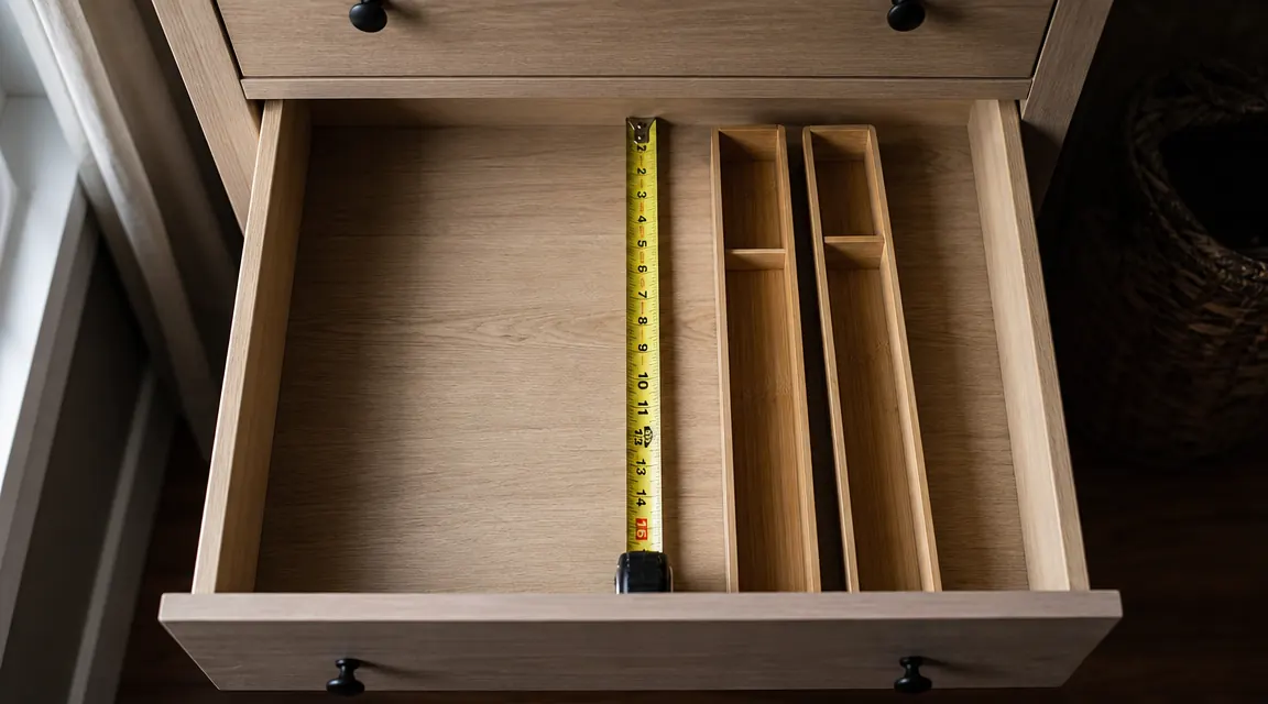 Tape measure laid inside an empty wooden dresser drawer showing a 15-inch depth measurement, bamboo dividers resting nearby