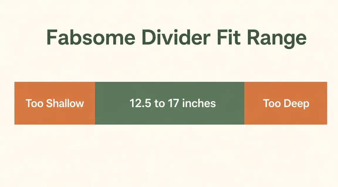 Chart comparing drawer depth ranges where Fabsome dividers fit versus do not fit, with 12.5 to 17 inch range highlighted