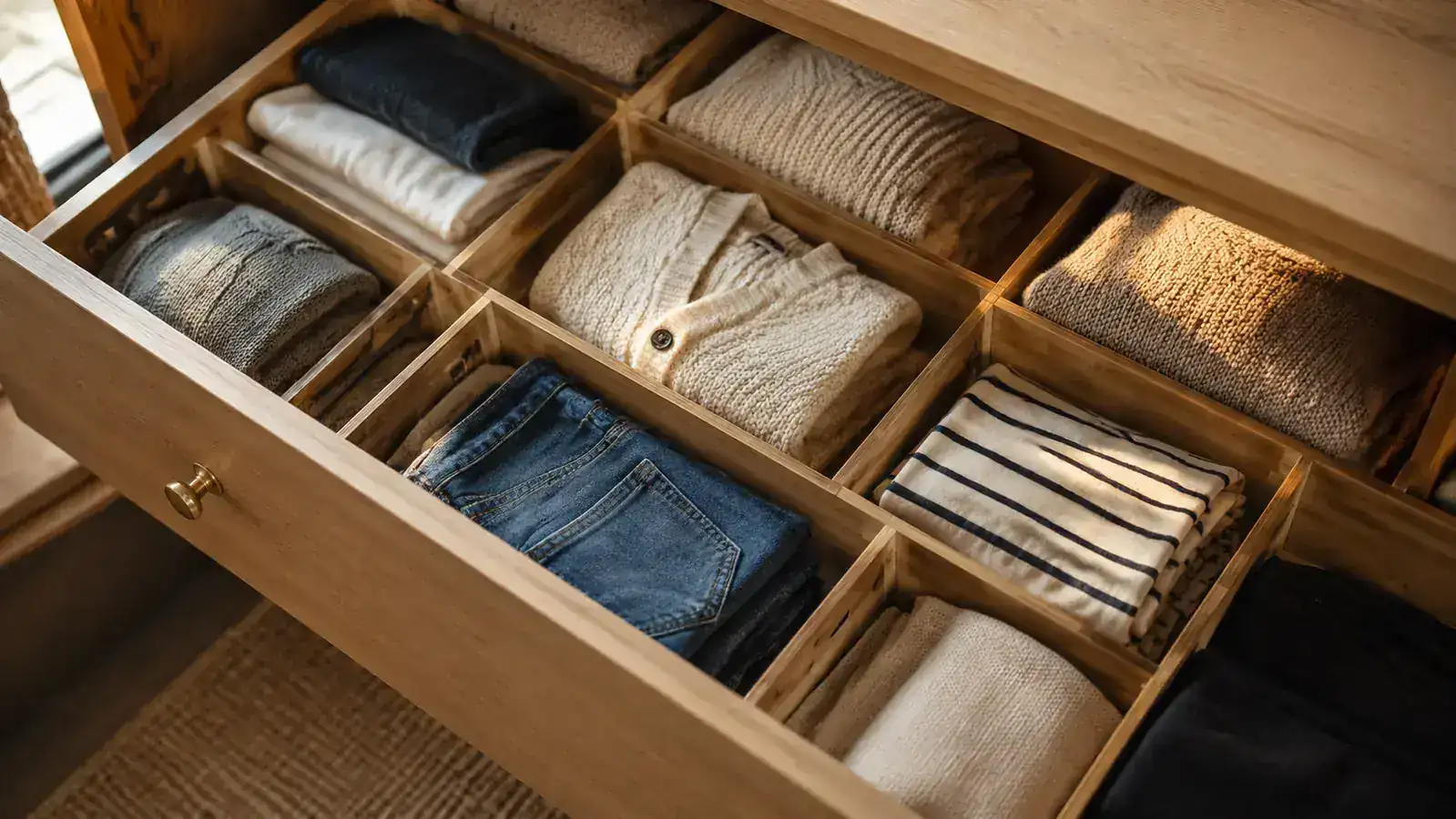 Open dresser drawer with bamboo dividers separating folded T-shirts into four tidy sections, warm morning light