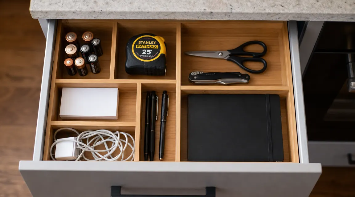 Neatly organized kitchen junk drawer with bamboo dividers separating tools, batteries, and small accessories