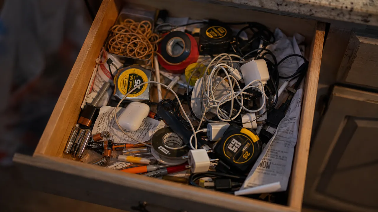 Chaotic kitchen junk drawer overflowing with tangled cords, tape measures, and loose batteries before organizing