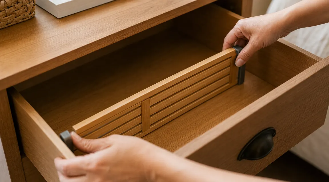 Hands installing bamboo drawer divider by pressing spring-loaded ends against drawer walls