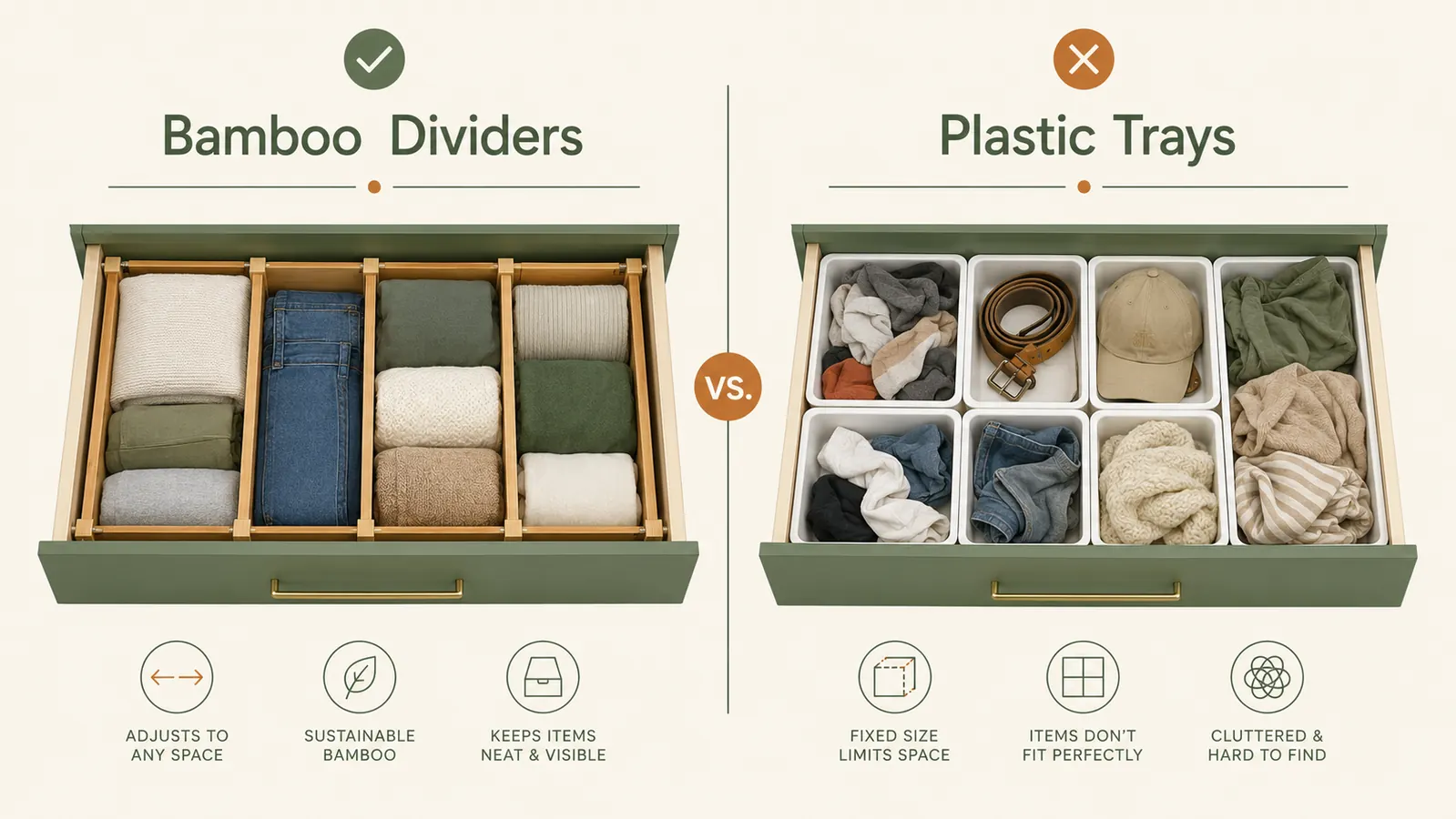 Side-by-side comparison showing a drawer with bamboo dividers next to a drawer with plastic organizer trays