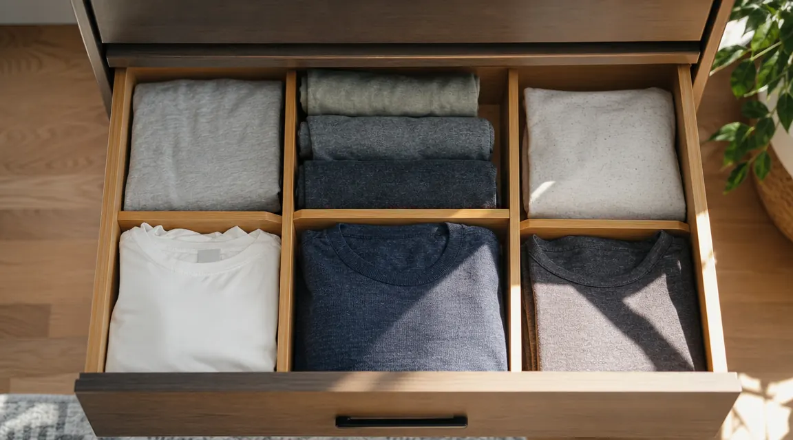 Open dresser drawer neatly divided into sections with bamboo dividers, folded t-shirts visible in each section