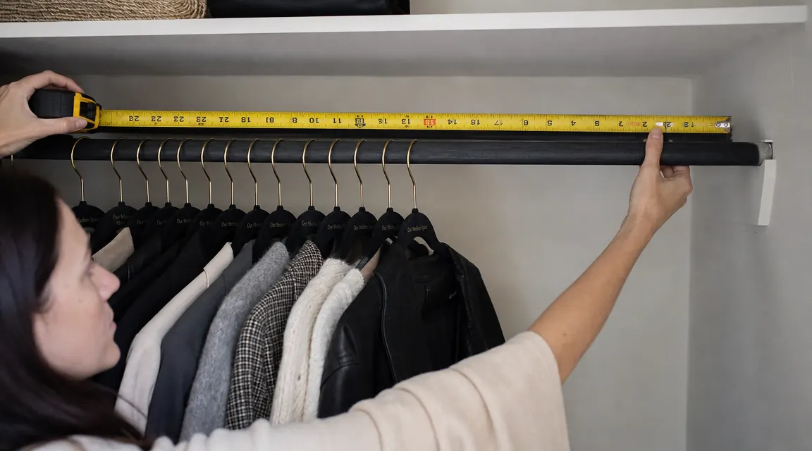 Hand measuring a closet rod with a tape measure showing 24 inches of empty space after swapping to velvet hangers