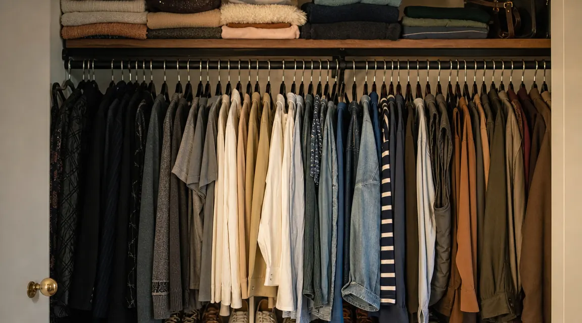 Organized closet section with velvet hangers grouped by garment type: dresses together, then shirts, then pants with clips