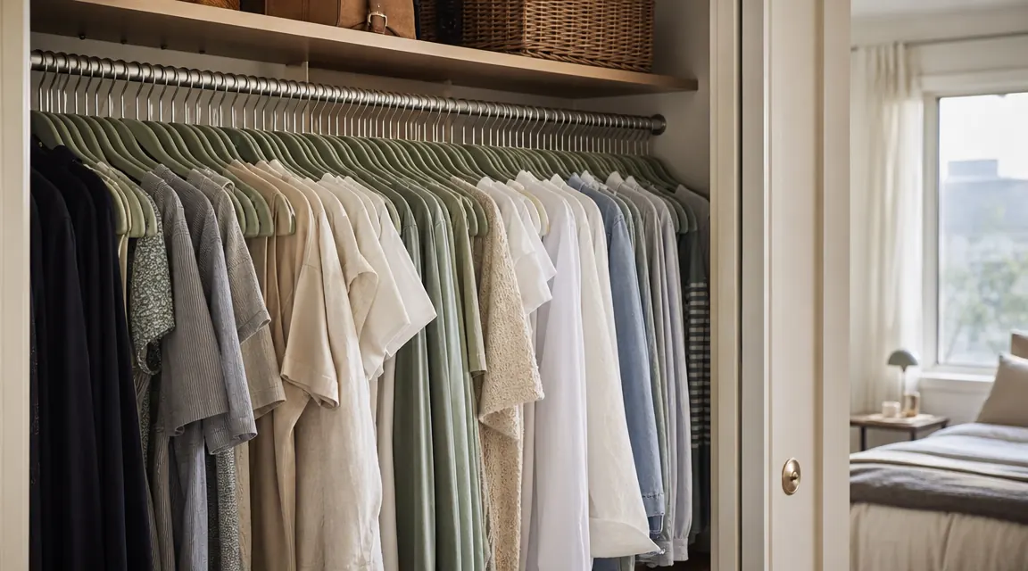Neatly organized closet rod with slim velvet hangers holding blouses and jackets in a compact apartment bedroom