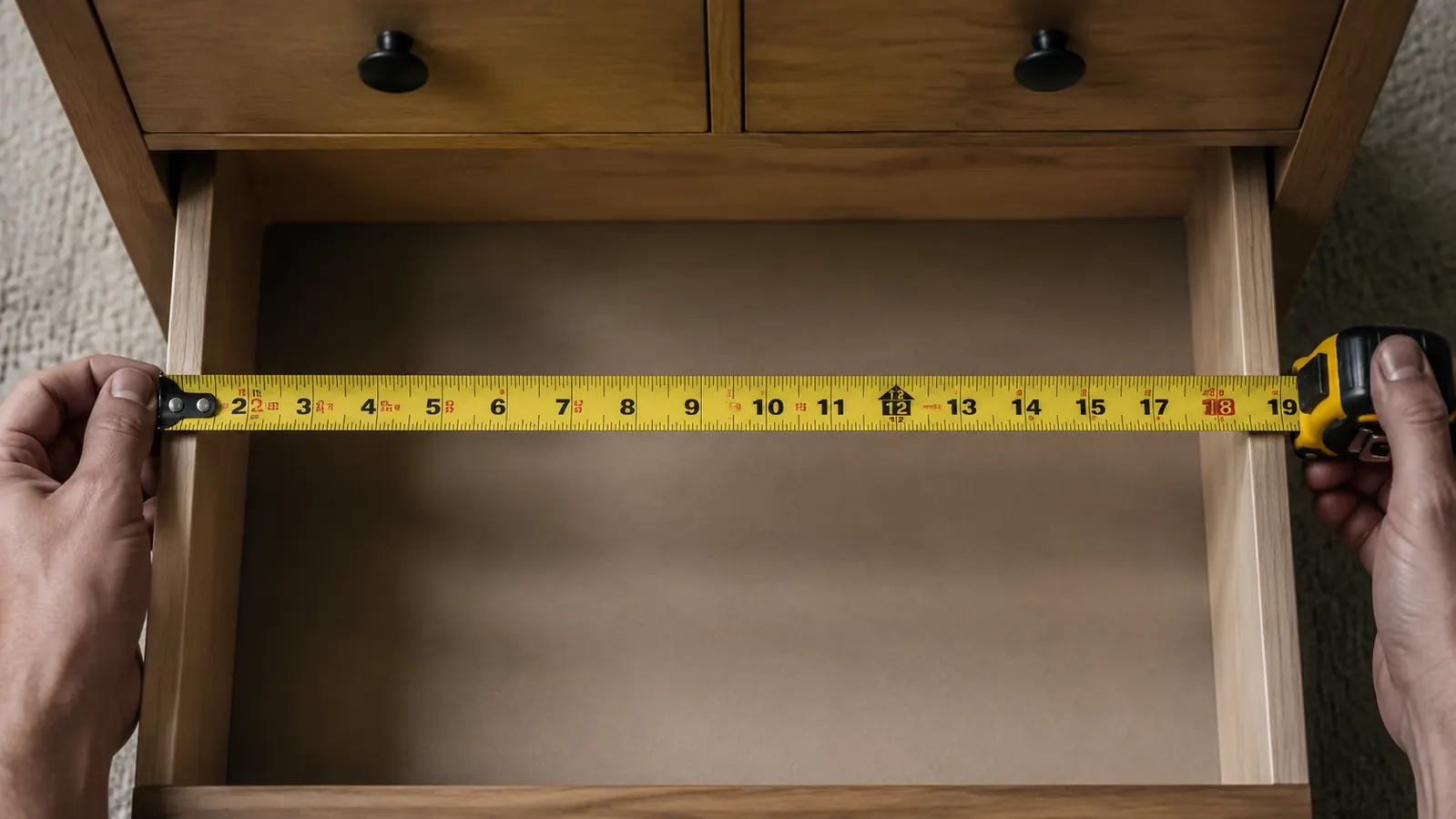 Measuring tape laid across the inside of a dresser drawer showing 14-inch depth measurement