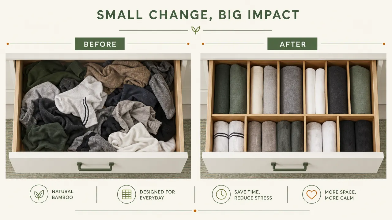 Before and after comparison of a messy tangled sock drawer versus a neatly divided drawer with bamboo sections