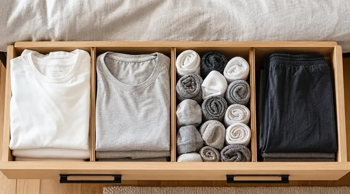 Neatly organized dresser drawer divided into sections with bamboo dividers, folded t-shirts and socks visible in separate compartments