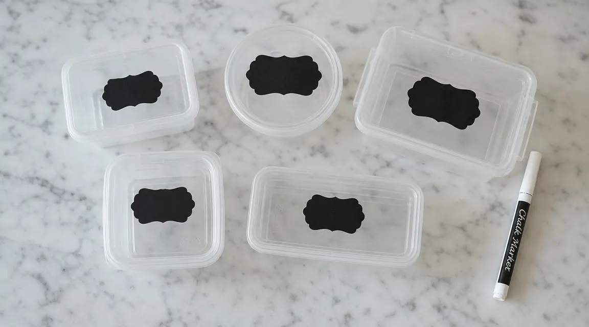 Handwritten chalkboard labels and a chalk marker next to several empty clear containers lined up on a counter before being filled