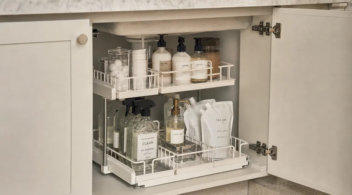 Clean, organized bathroom cabinet under the sink with white pull-out organizer trays holding toiletries and cleaning supplies