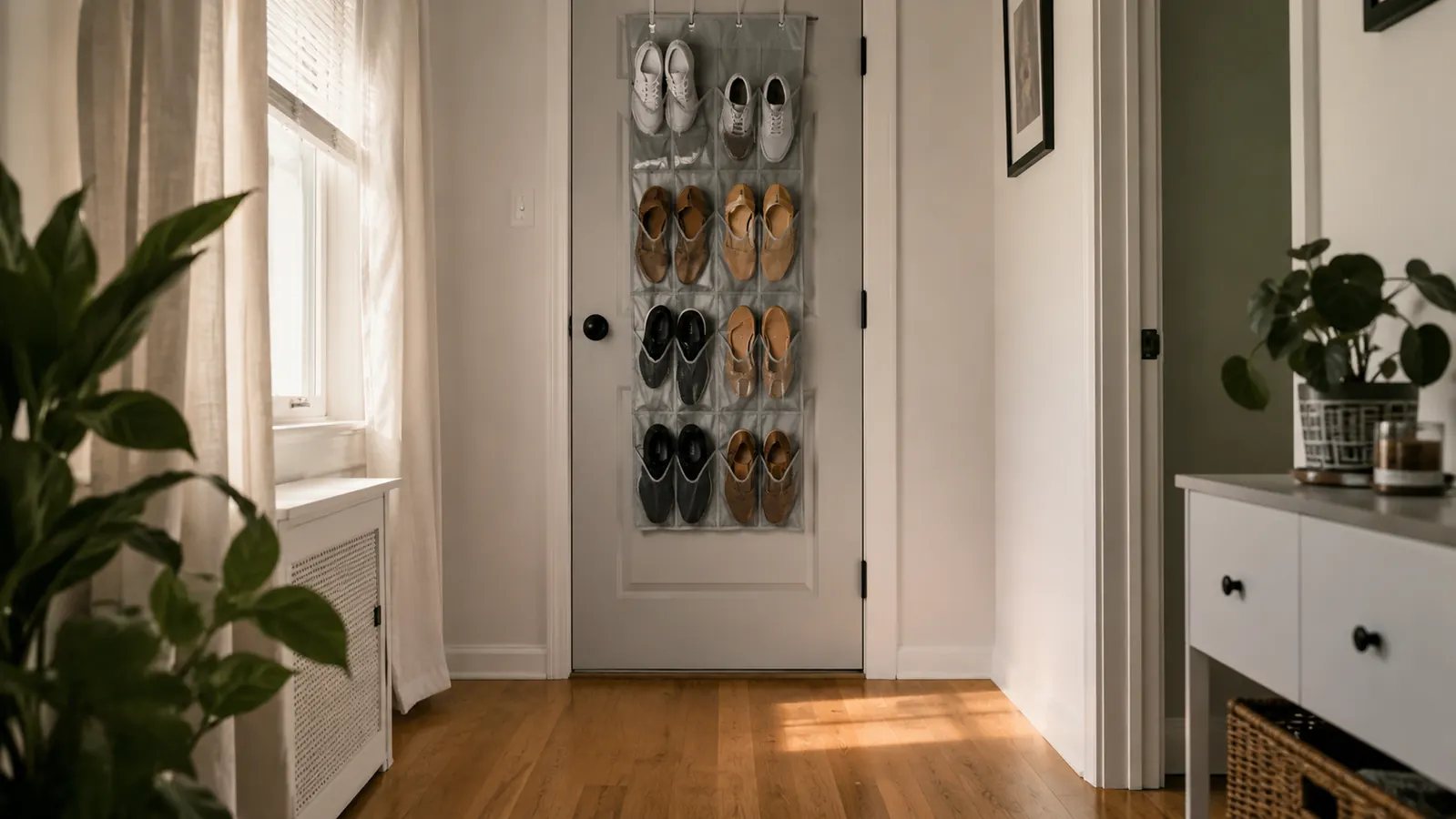 Neat entryway with over-door shoe organizer holding shoes on a light grey interior door, no pile on the floor