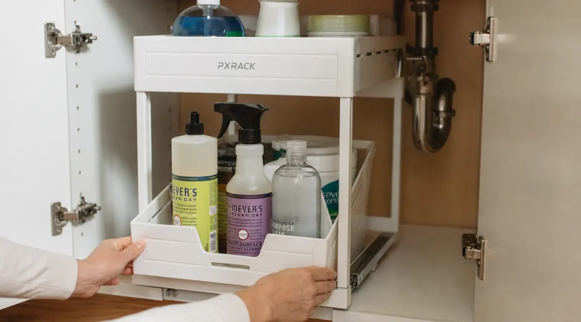 Hand pulling out the lower tier of a white under-sink organizer to reveal bottles lined up in the back