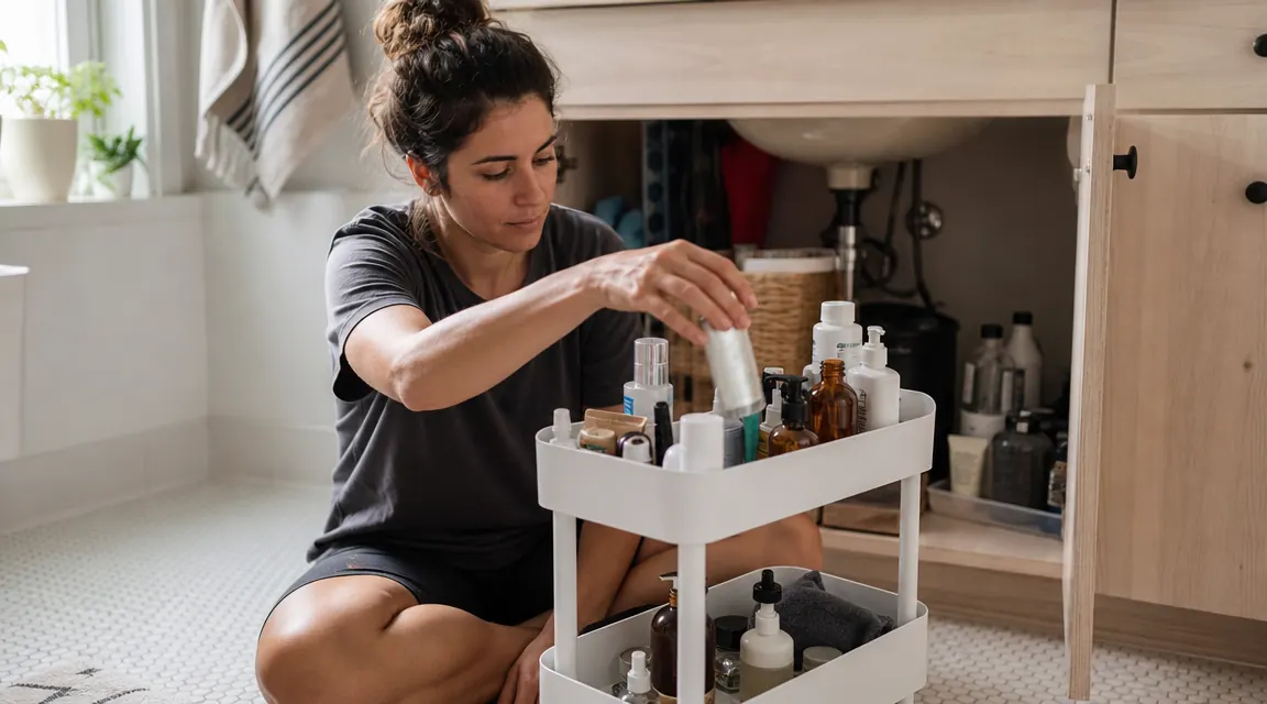 Person sitting on bathroom floor organizing products onto a white pull-out under-sink shelf