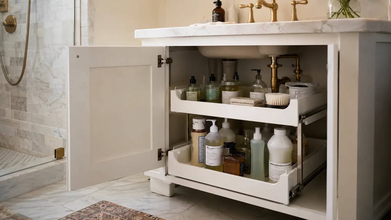 Organized bathroom cabinet under sink with white pull-out shelves holding neatly arranged cleaning products and toiletries
