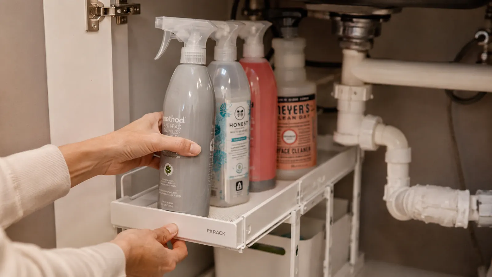 Side profile of the PXRACK upper shelf loaded with three tall spray bottles, two tipping forward toward the open lip-free front edge, one leaning against the back wall