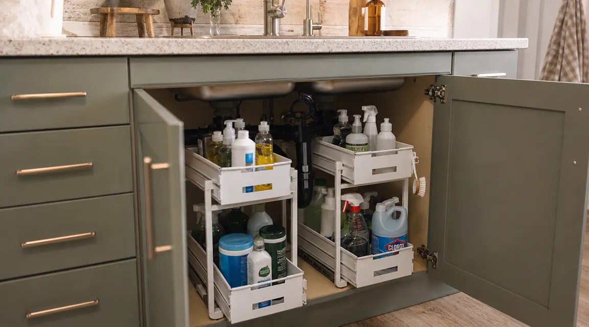 Kitchen sink base cabinet open showing two white pull-out under-sink organizers loaded with cleaning sprays, dish soap, and a spare roll of paper towels, with cabinet door held open wide