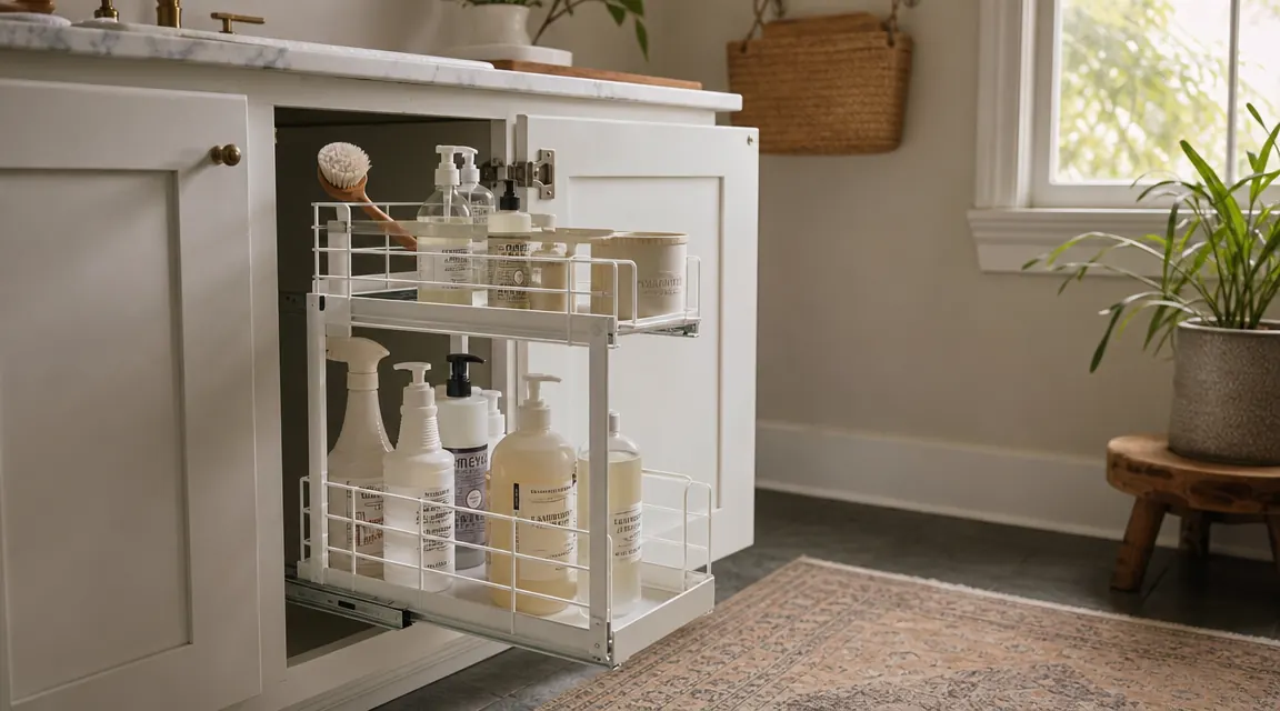 Open bathroom cabinet showing two white pull-out under-sink organizer trays fully extended with cleaning supplies and toiletries arranged neatly on each tier