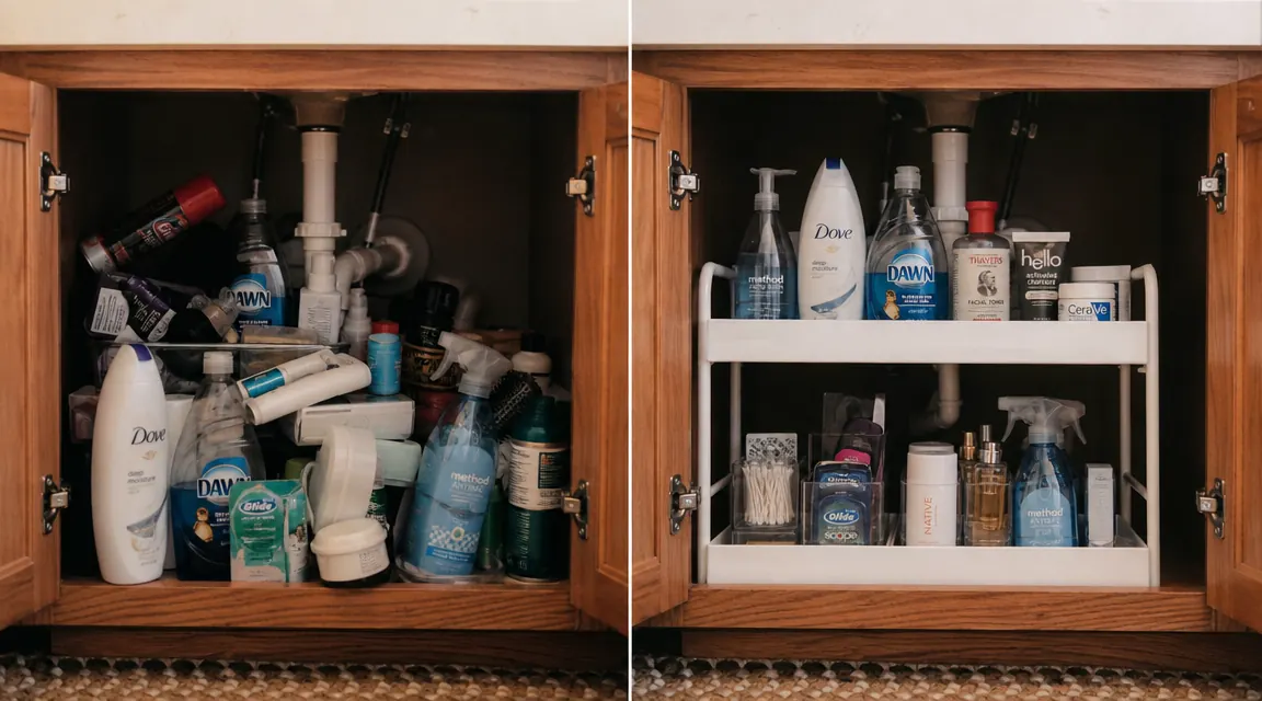 Before and after view under a bathroom sink cabinet: before shows cluttered bottles jammed against the back wall, after shows same space with a pull-out organizer and everything visible and accessible
