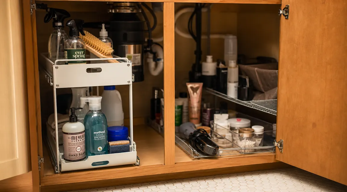 Open bathroom cabinet showing a white pull-out organizer on the left side and a simple wire shelf on the right, under a pedestal sink with visible p-trap plumbing